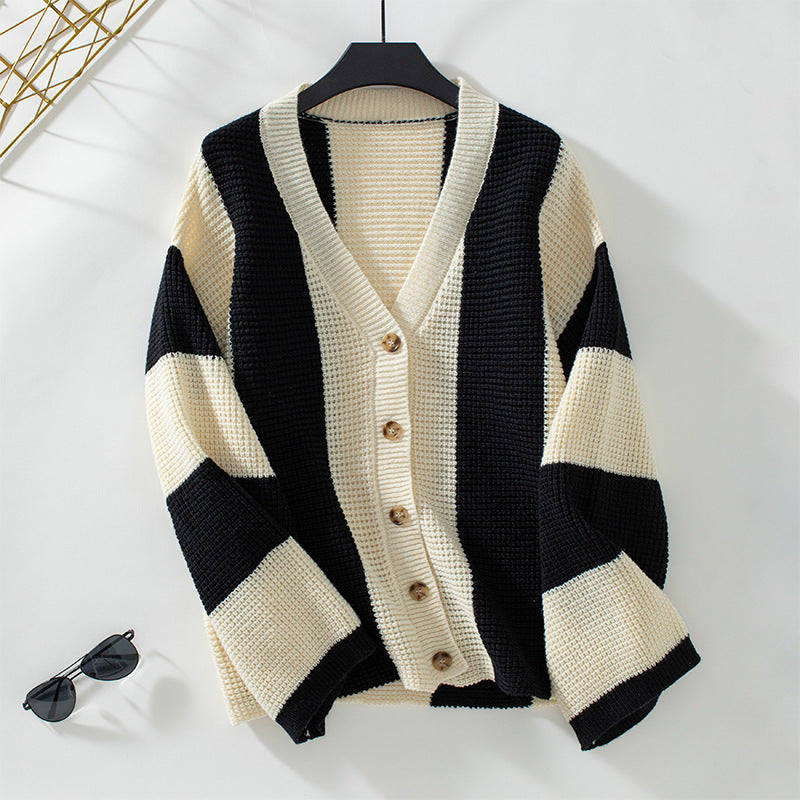 Contrast Striped Women's Sweater Cardigan Autumn And Winter Casual Loose Women's Knitting Shirt 9