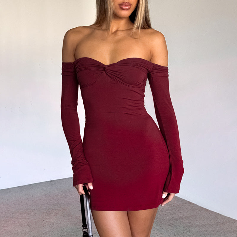 Spring Sexy Off Shoulder Low Back Long Sleeve Short Dress 3