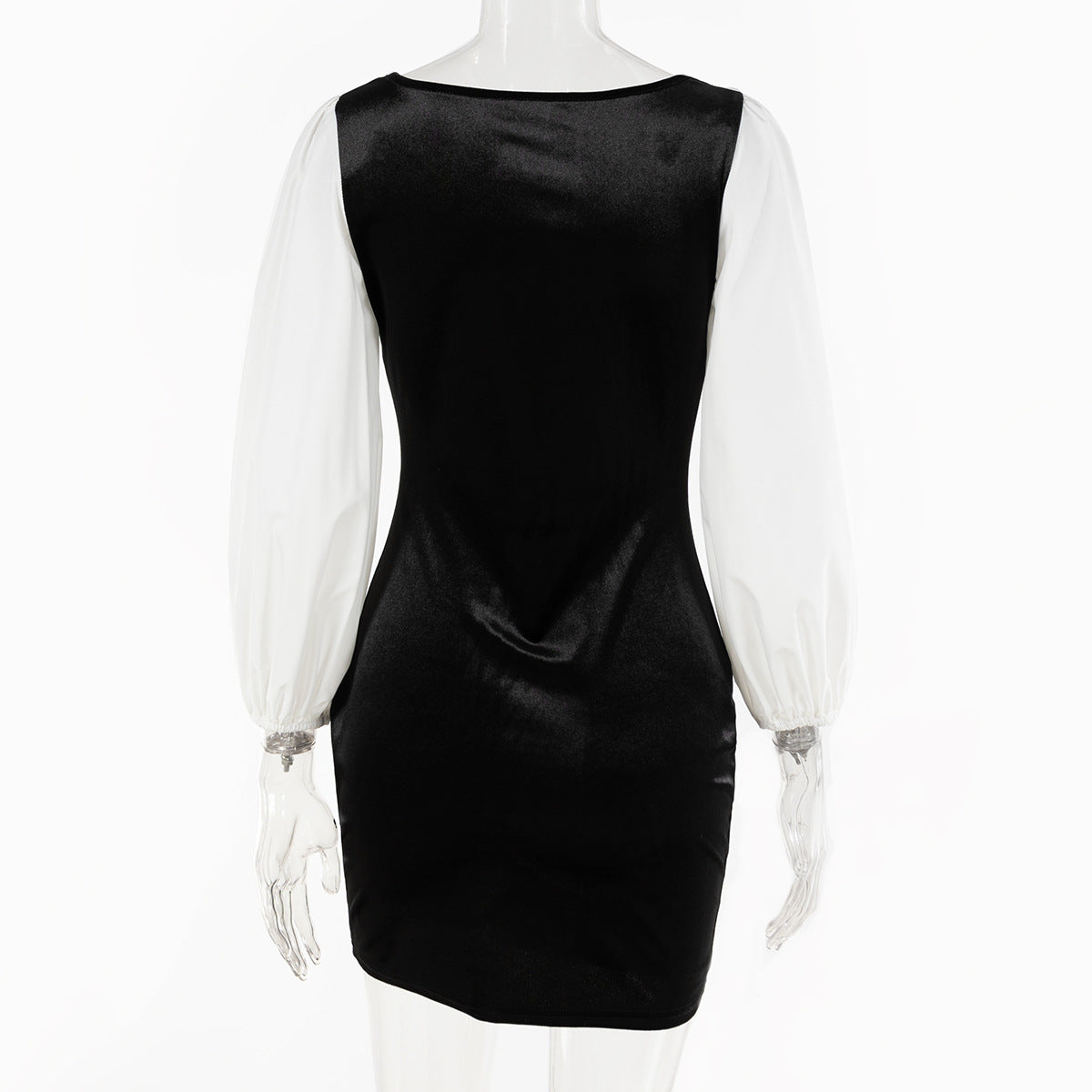 Women Sexy Square Neck Velvet Patchwork Contrast Color Lantern Sleeve Bodycon Dress 8