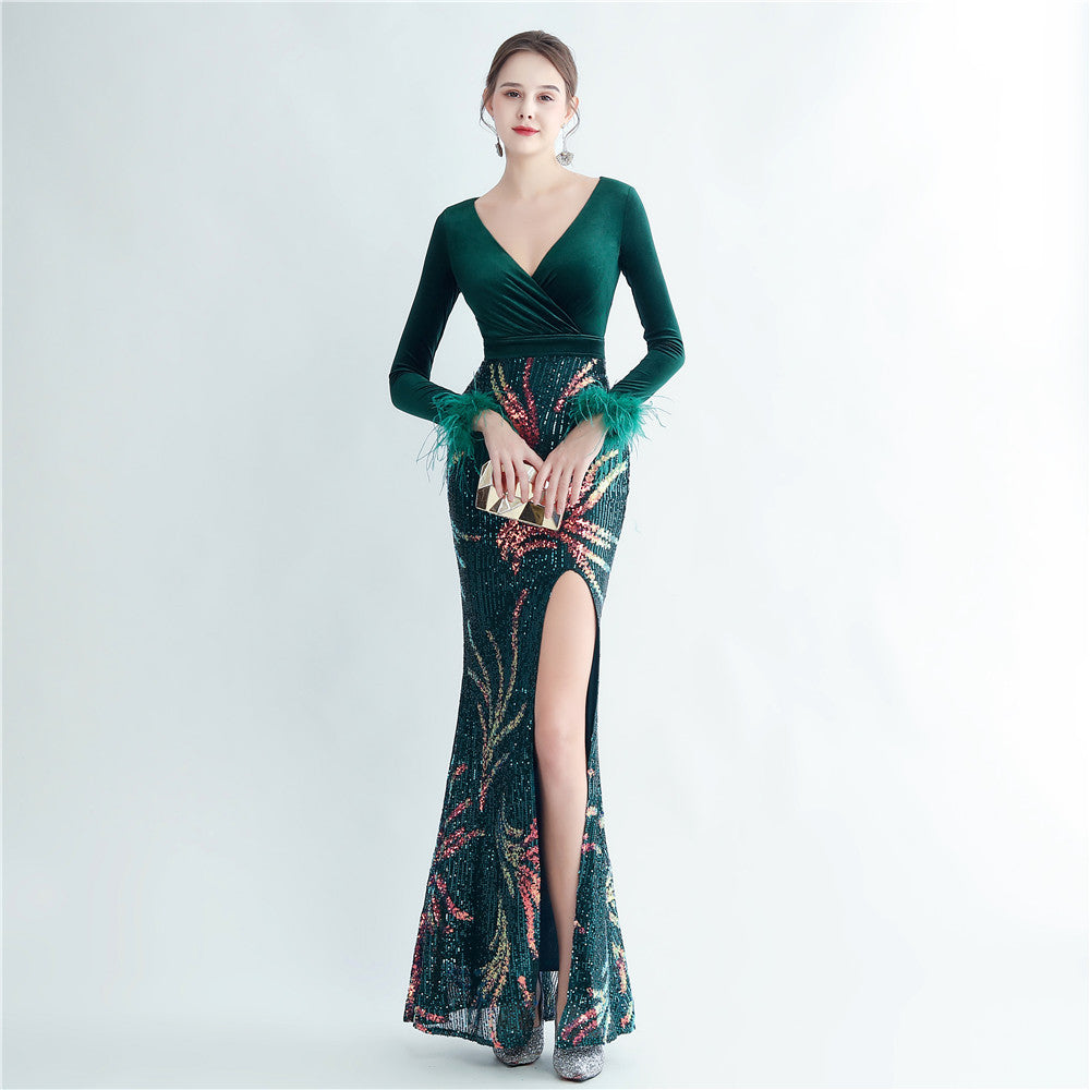 feather sequin velvet side slit long-sleeved evening dress 12