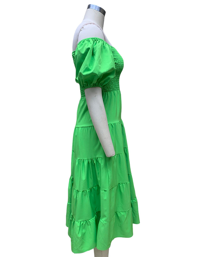 Summer Women's Fashion Loose Off Shoulder Puff Sleeve A-Line Midi Dress 17