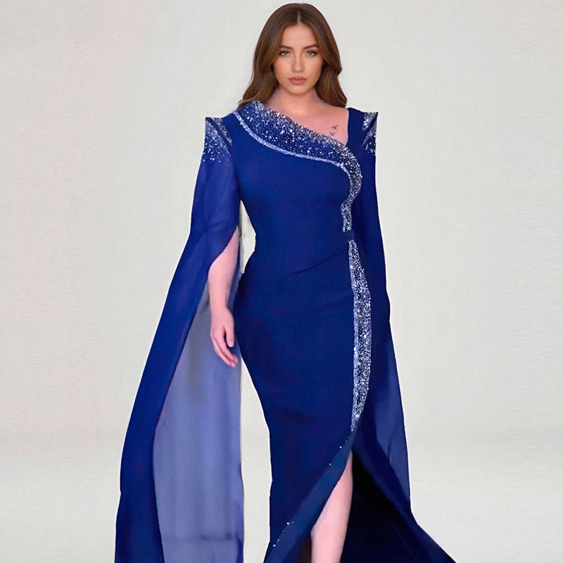 Women Elegant Slash Shoulder Beaded Evening dress 4