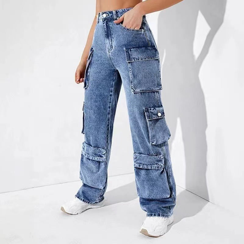 Women's High Waist Pocket Loose Cargo Denim Pants 4