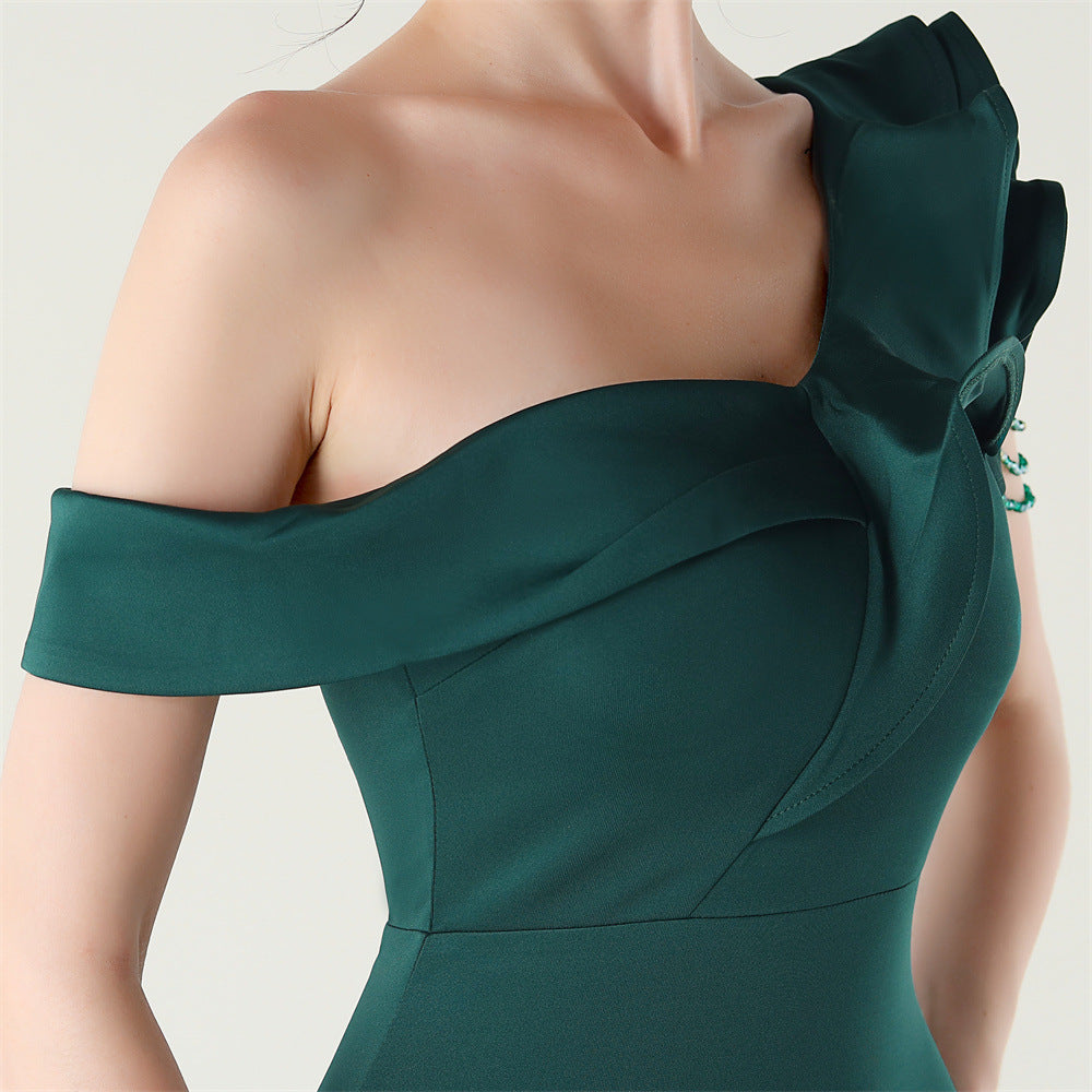 Women ruffled one-shoulder beaded fishtail formal party evening dress 41