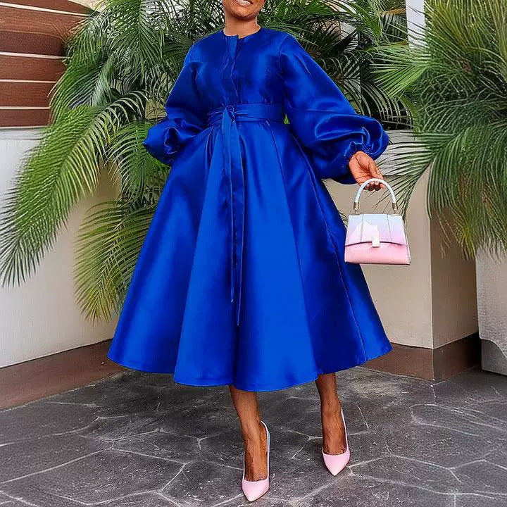 Women Solid Loose Buttoned Balloon Sleeve Dress 8