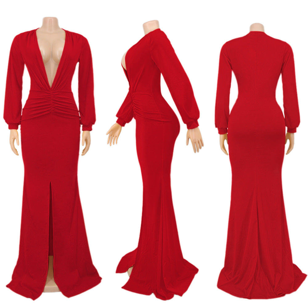 Women Solid V-neck Sexy Slit Long Sleeve Dress 10