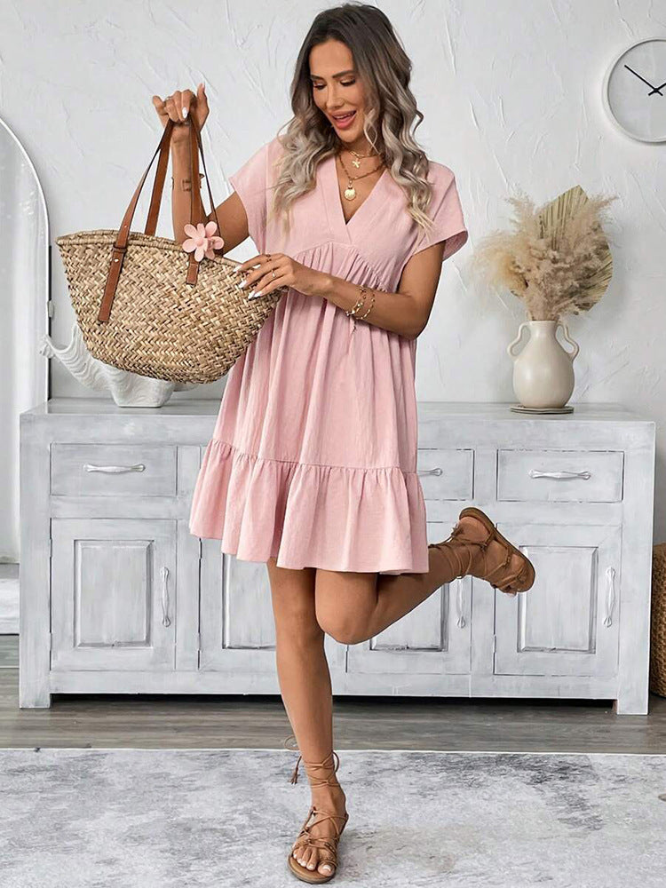 Women's Summer Holiday Style Ruffle Hem V-Neck Solid Color Loose Short Dress 8