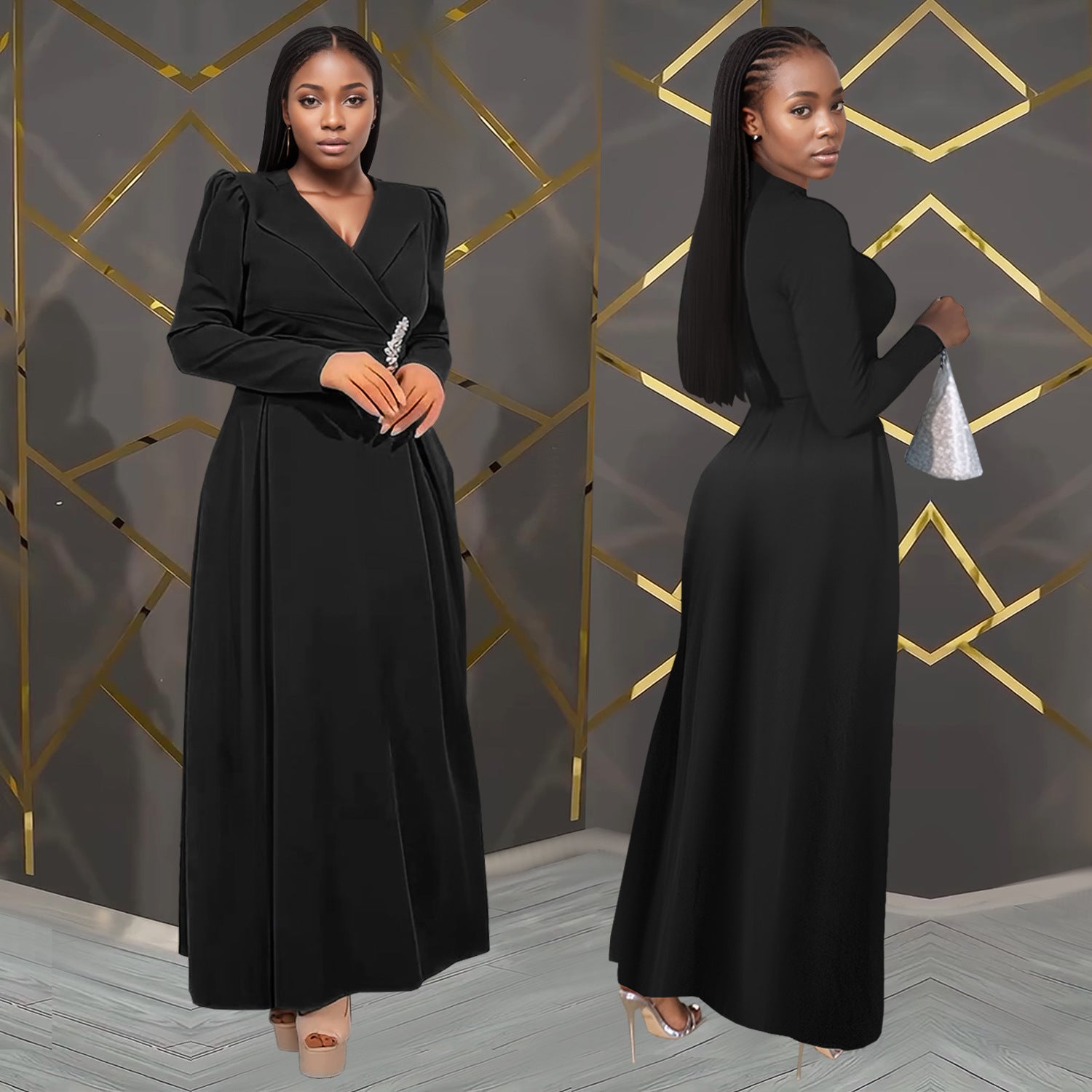 Women Cross Turndown Collar Long Sleeve Dress 6