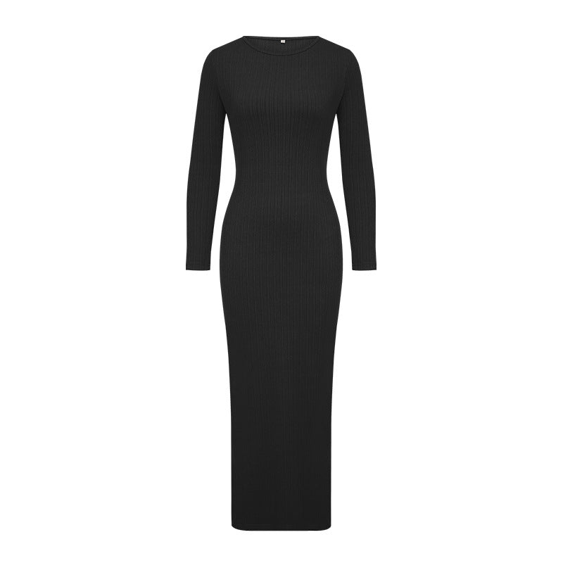Women autumn solid round neck long-sleeved evening maxi dress 9