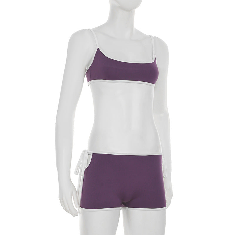 Women Contrast Sexy Open Waist Casual Suspender Top and Shorts Two-piece Set 5