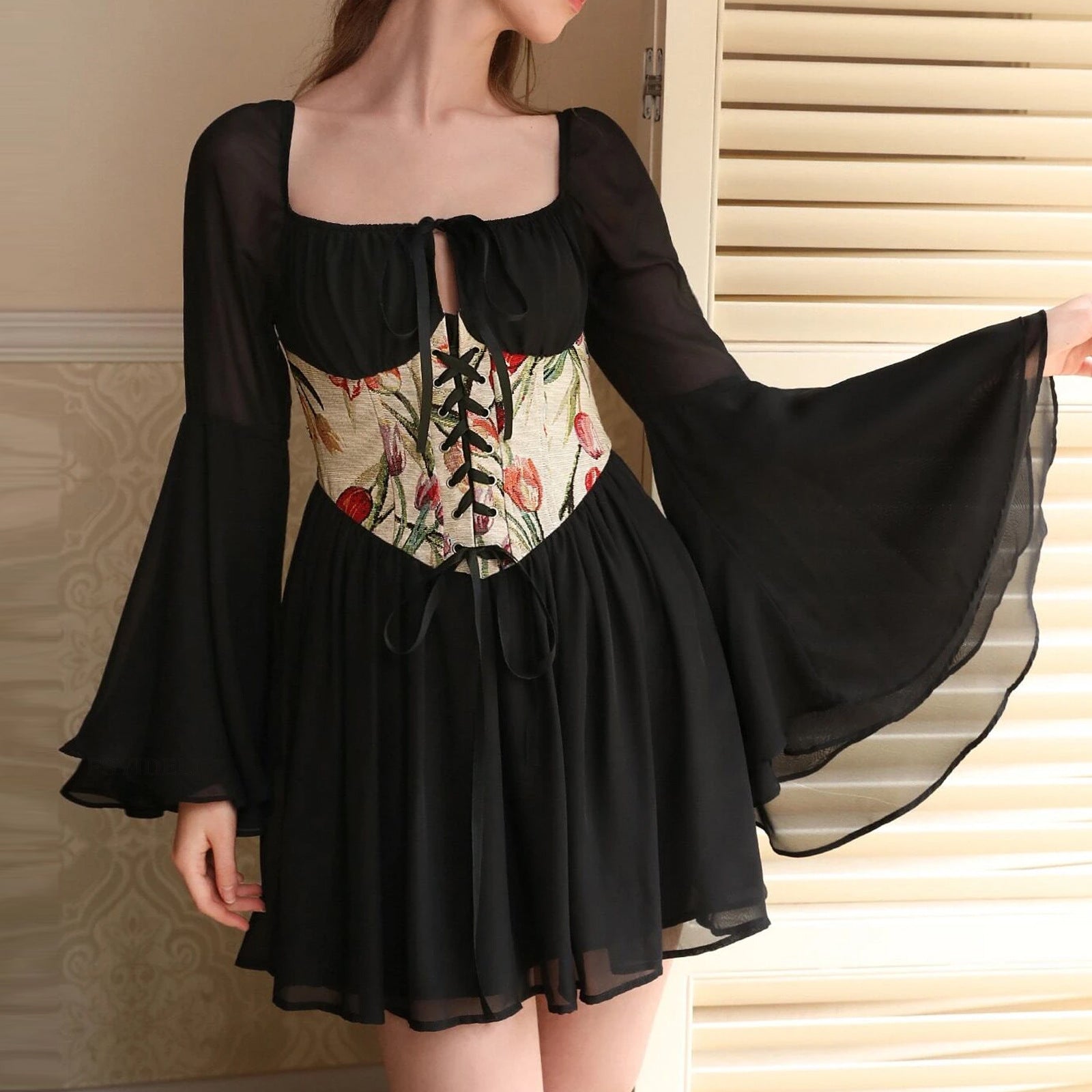 Sweet Lace Tunic Dress Sexy Off Shoulder Drawstring Irregular Dress 4