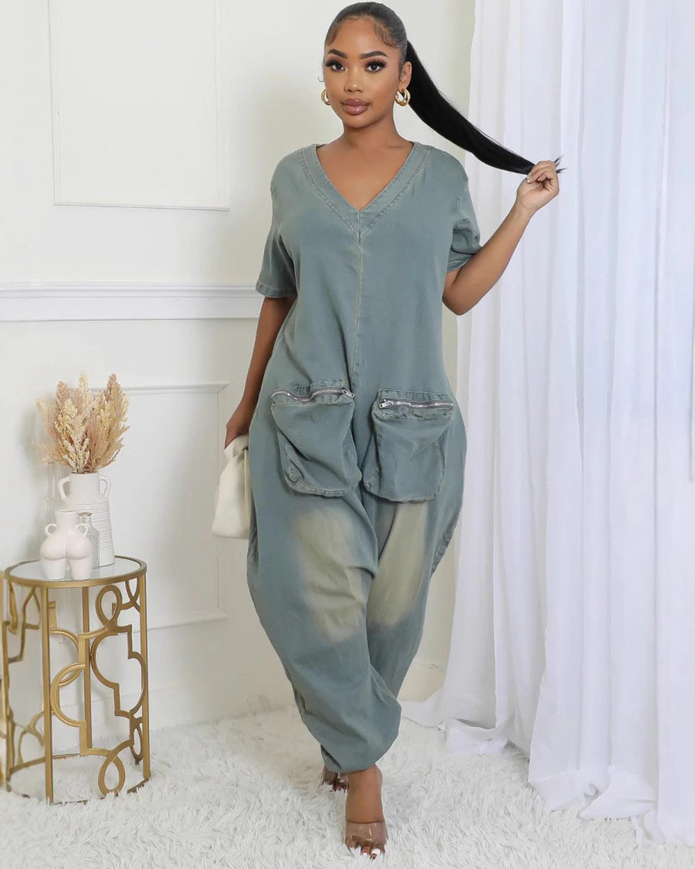 Women Style Pocket Washed Denim Jumpsuit 3