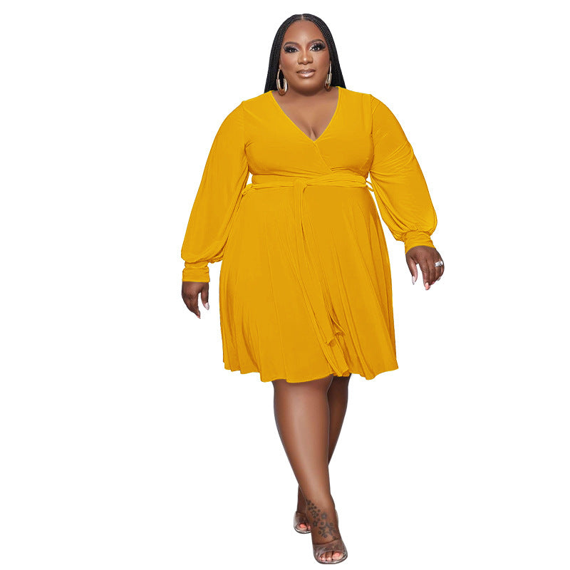 Women's Solid Color Cross V-Neck Belt Loose Knitting Plus Size Dress 3