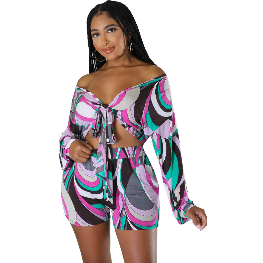 Women Printed Lace-Up Long Sleeve Shirt and Shorts Holidays Two-Piece Set 11