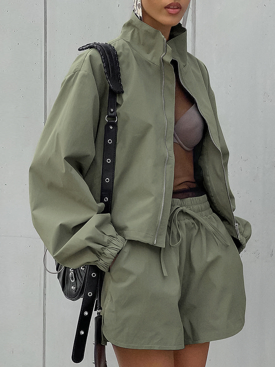 Green Windbreaker Autumn And Winter Loose Stand Collar Long Sleeve Top Split Shorts Casual Two Piece Set 6