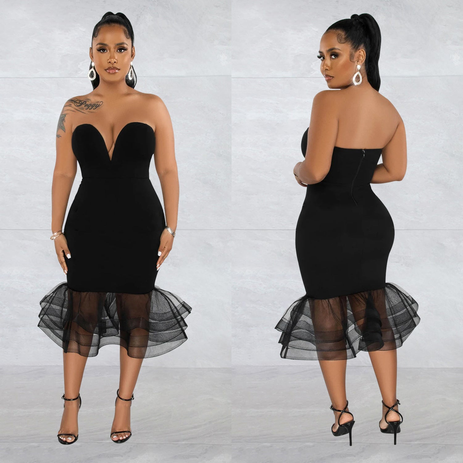 Women's Solid Color Sexy Strapless See-Through Mesh Bodycon Dress 5