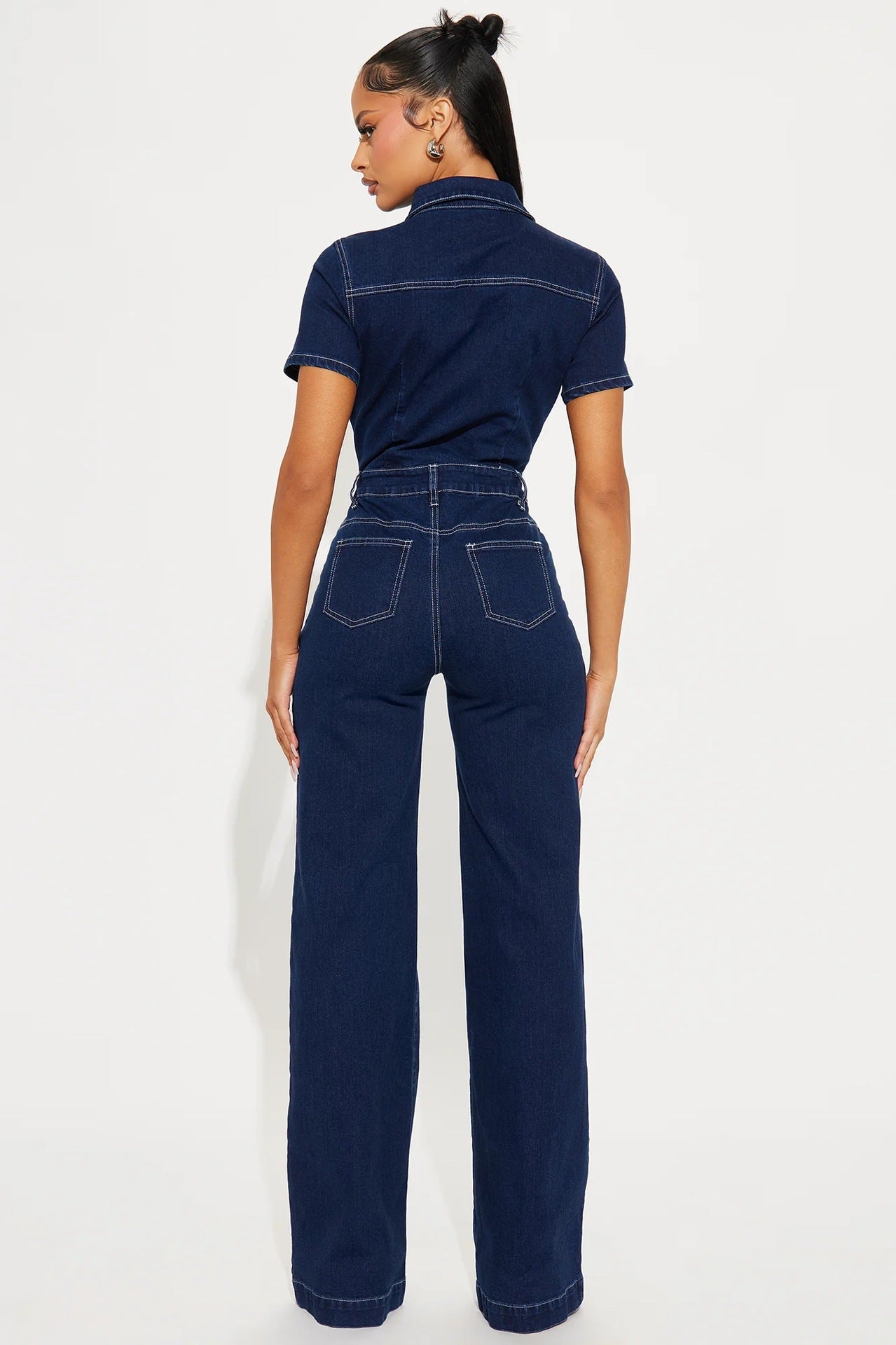 Short Sleeve Washed Denim Wide-Leg Jumpsuit