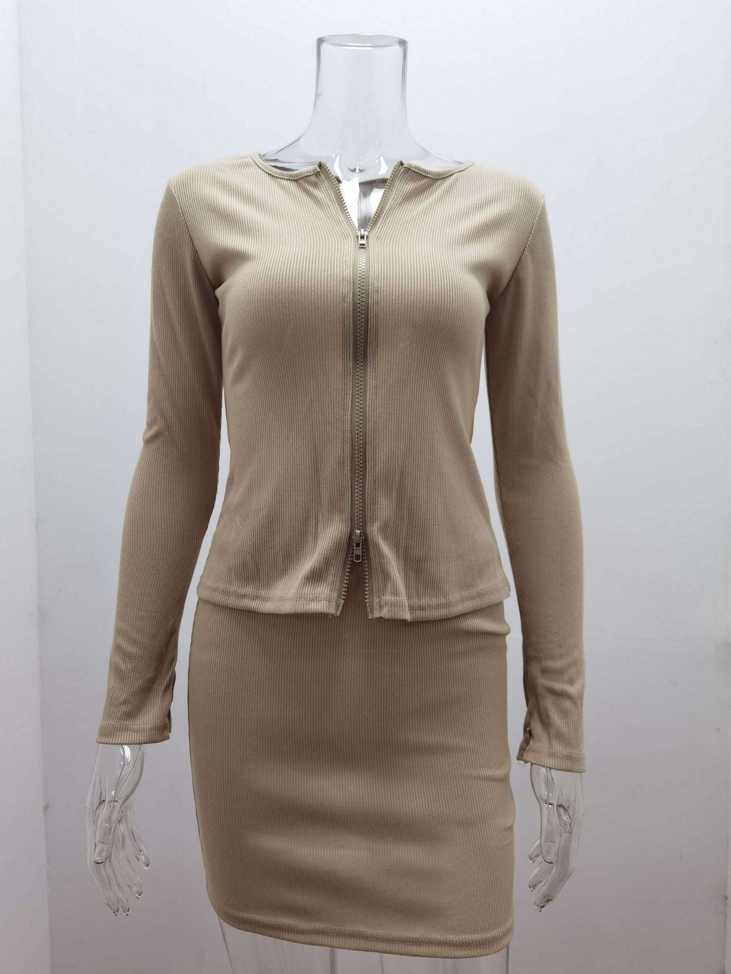 Spring Summer Women's Fashion Zipper Ribbed Long Sleeve Top & Short Skirt Two-Piece Set 11
