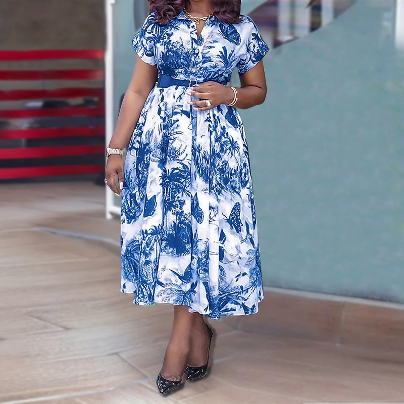 Plus Size Women Printed Stand Collar Belted Dress 10