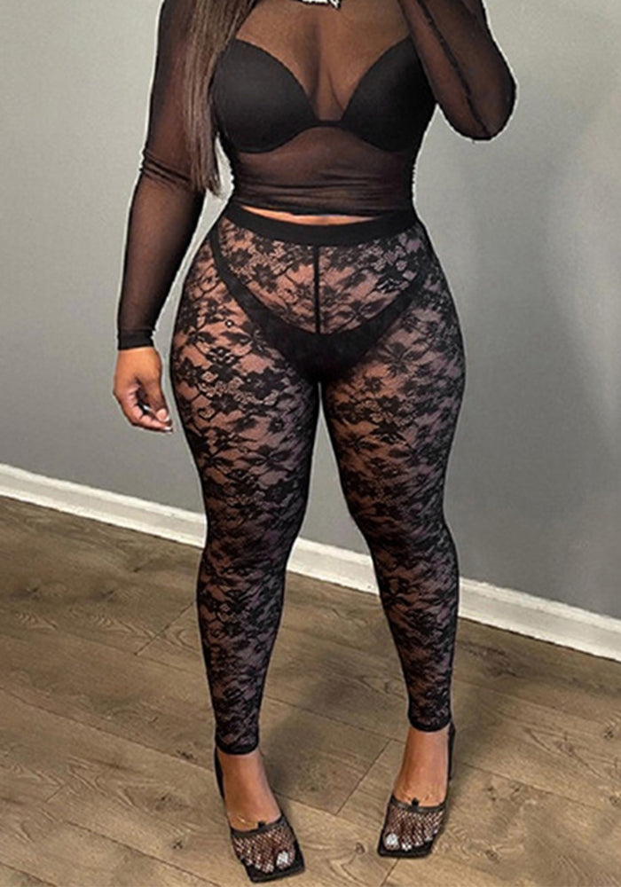 Lace Basic Stretch See-Through Mesh Pants for Women