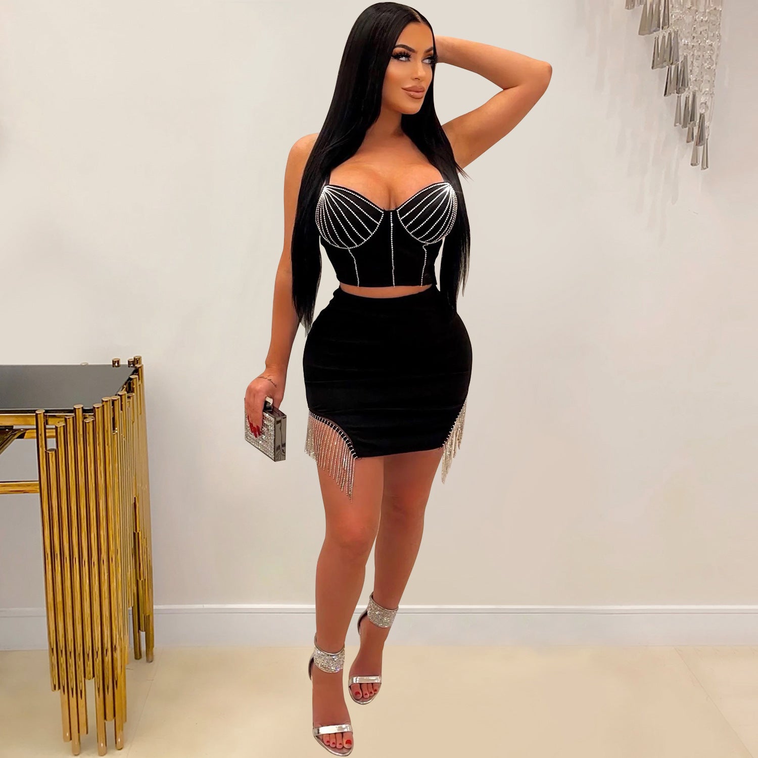 Women's Fashion Beaded Sleeveless Straps Top Tassels Skirt Two-Piece Set