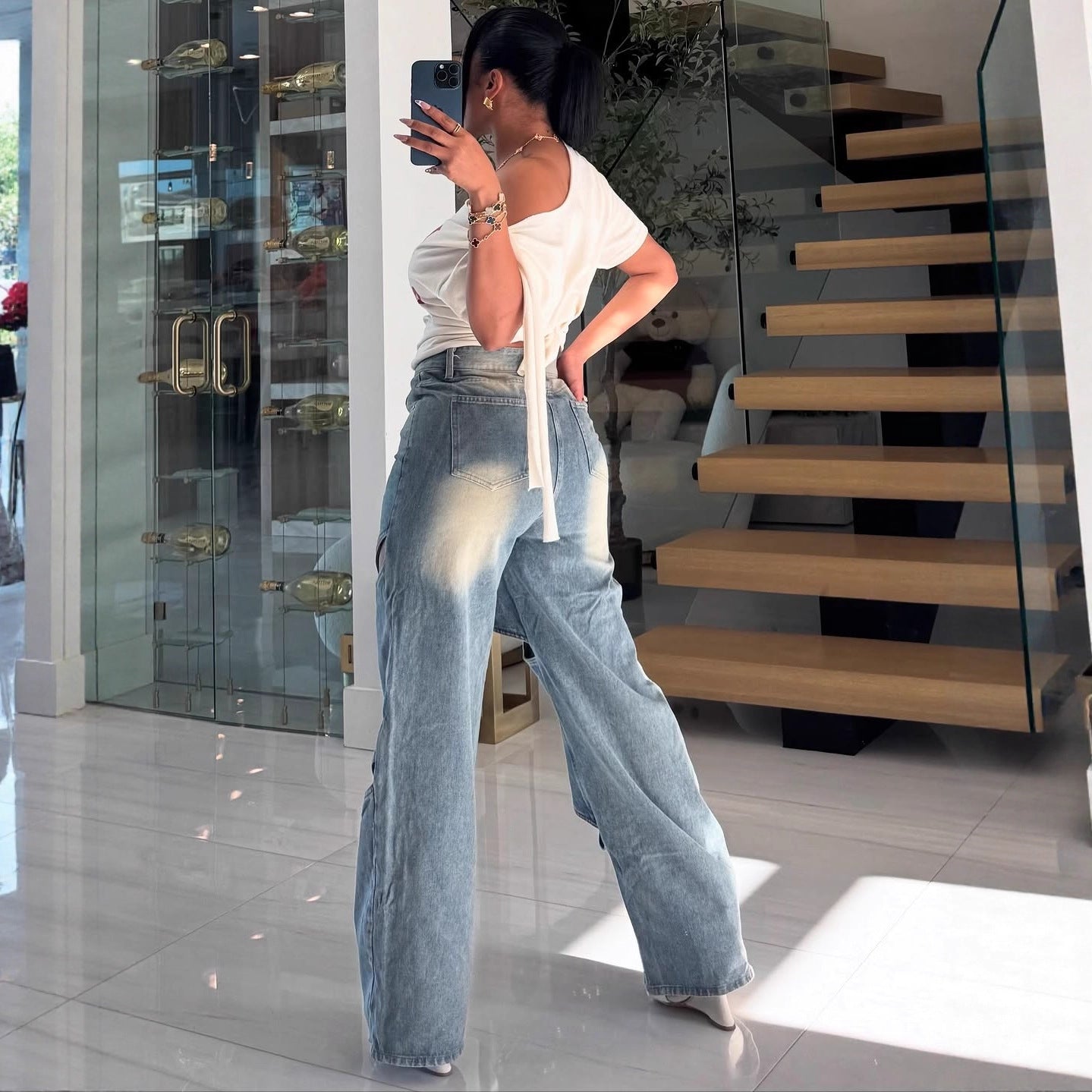 Women Cutout Button Denim Pants 6