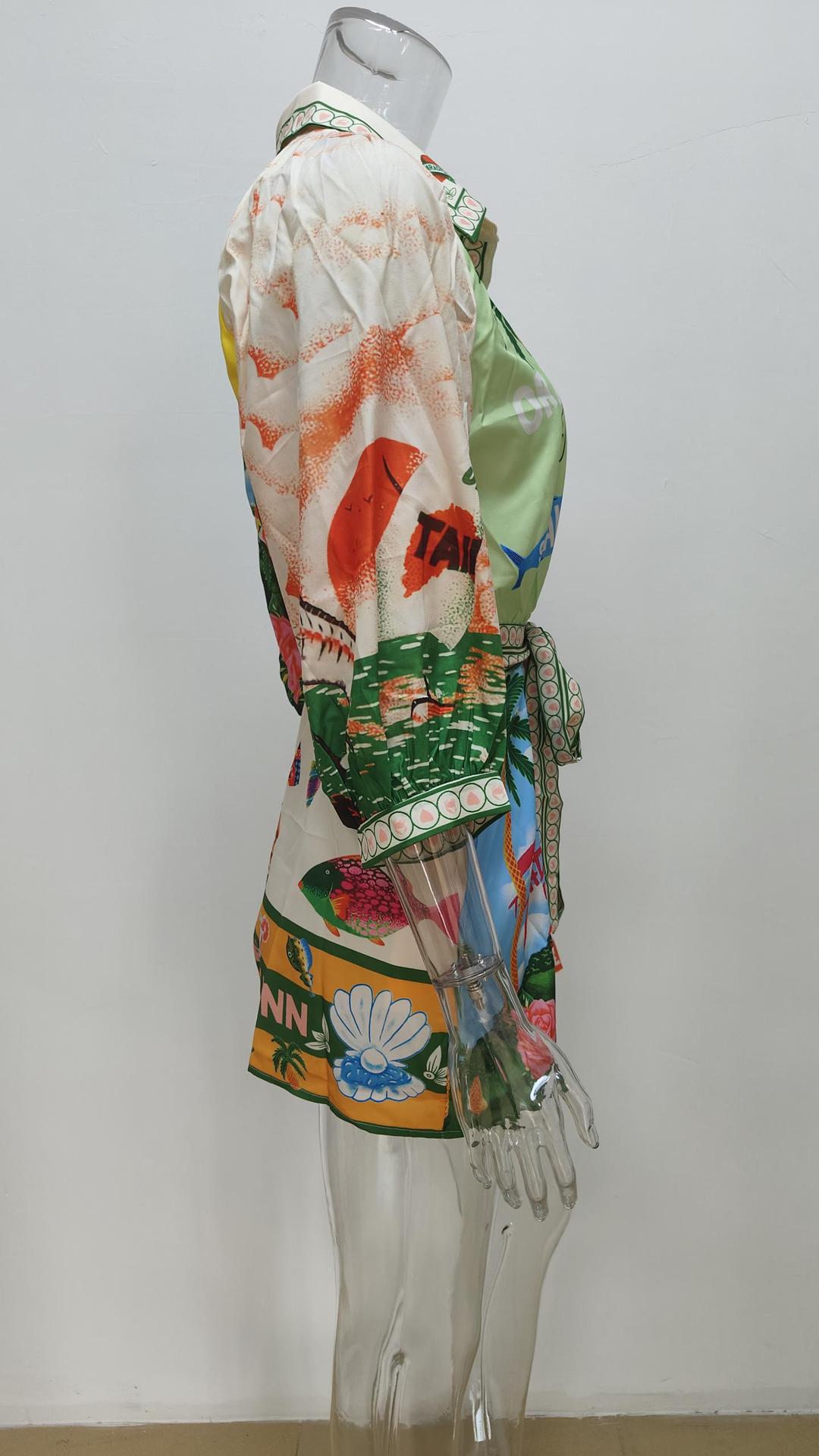 Women's Casual Fashion Printed Turndown Collar Short Dress 6