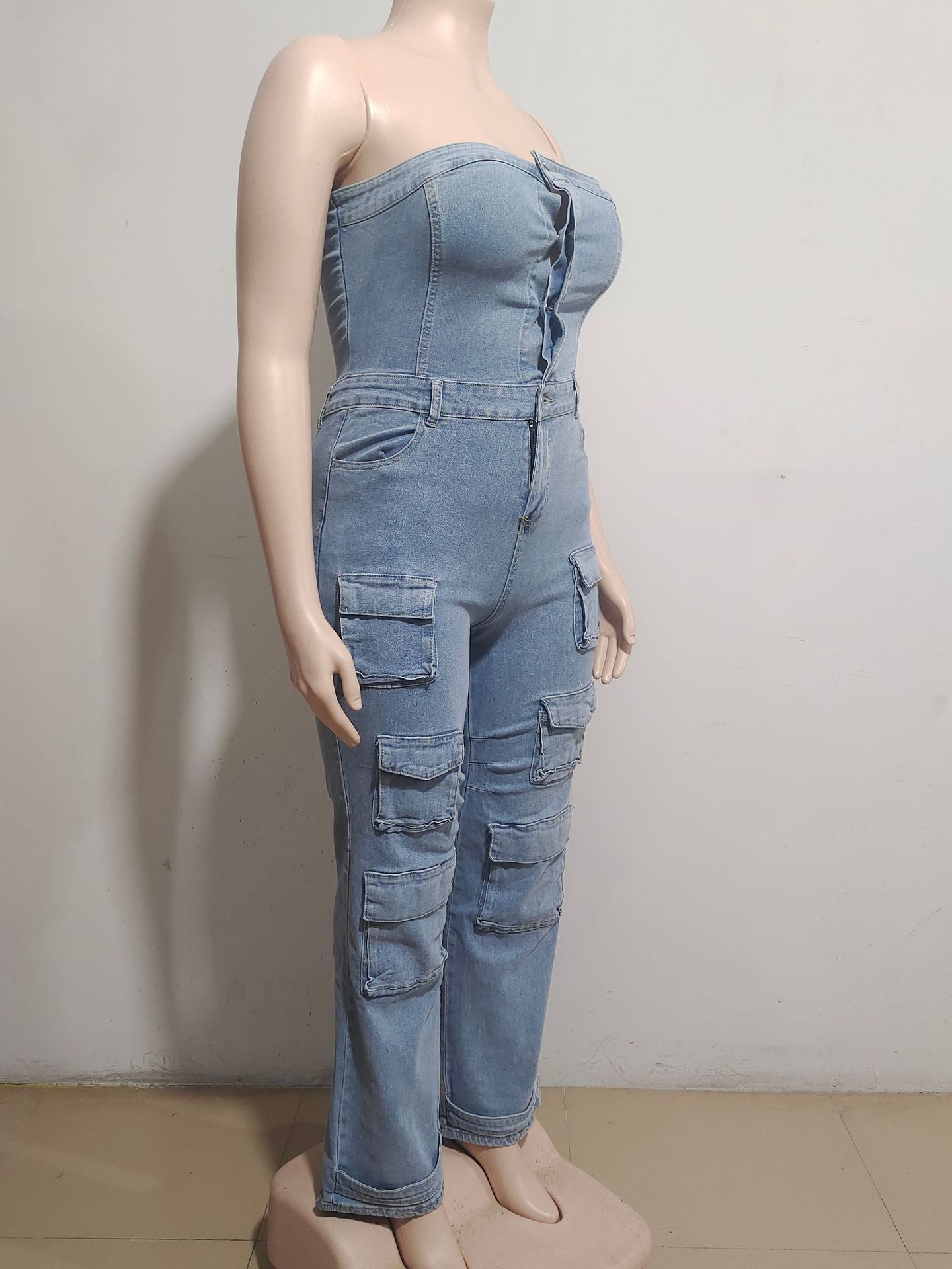 Women Strapless Cargo Denim Jumpsuit 6
