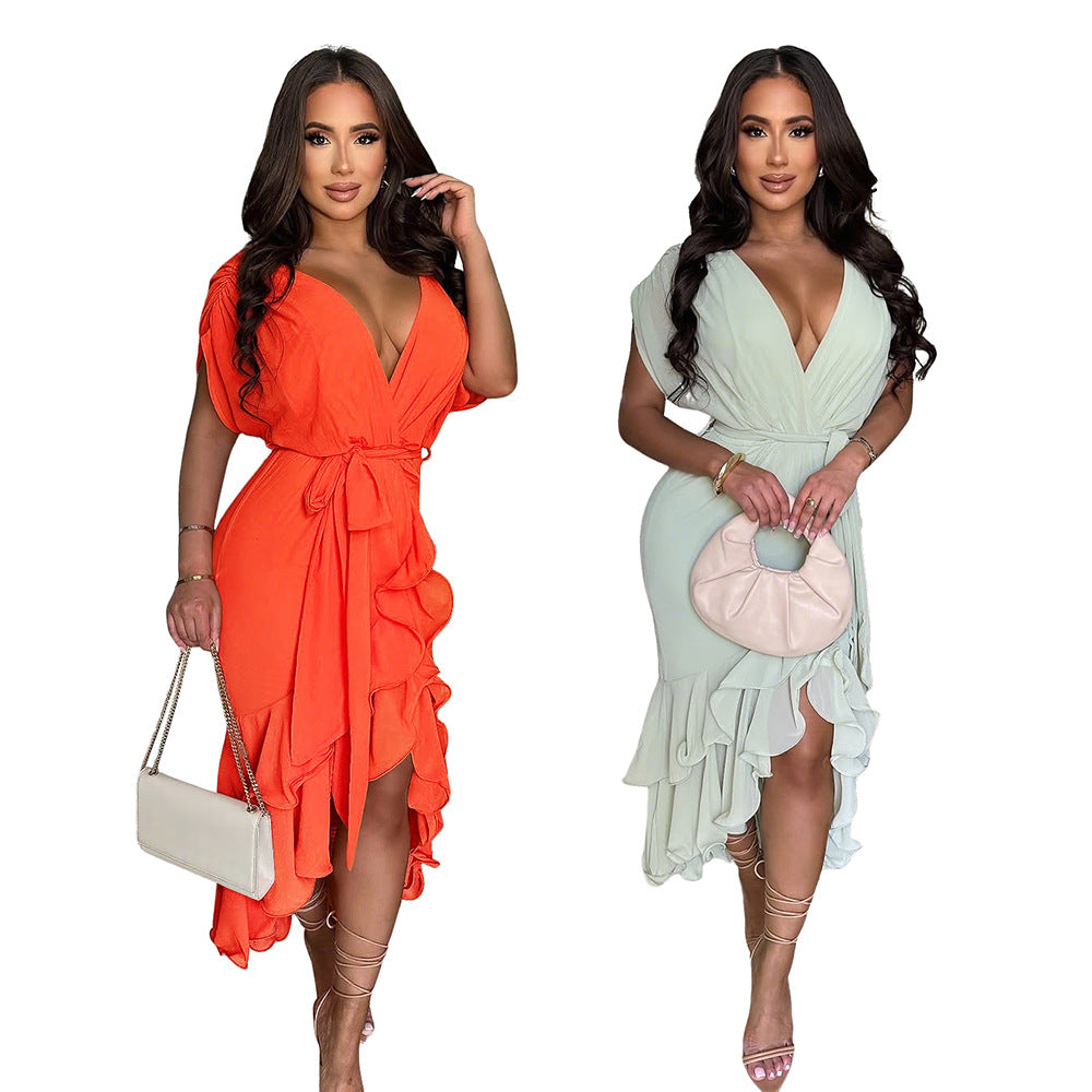 Sexy Deep V-Neck Solid Color Ruffled Asymmetric Belt Dress with Loose Sleeves for Women 10