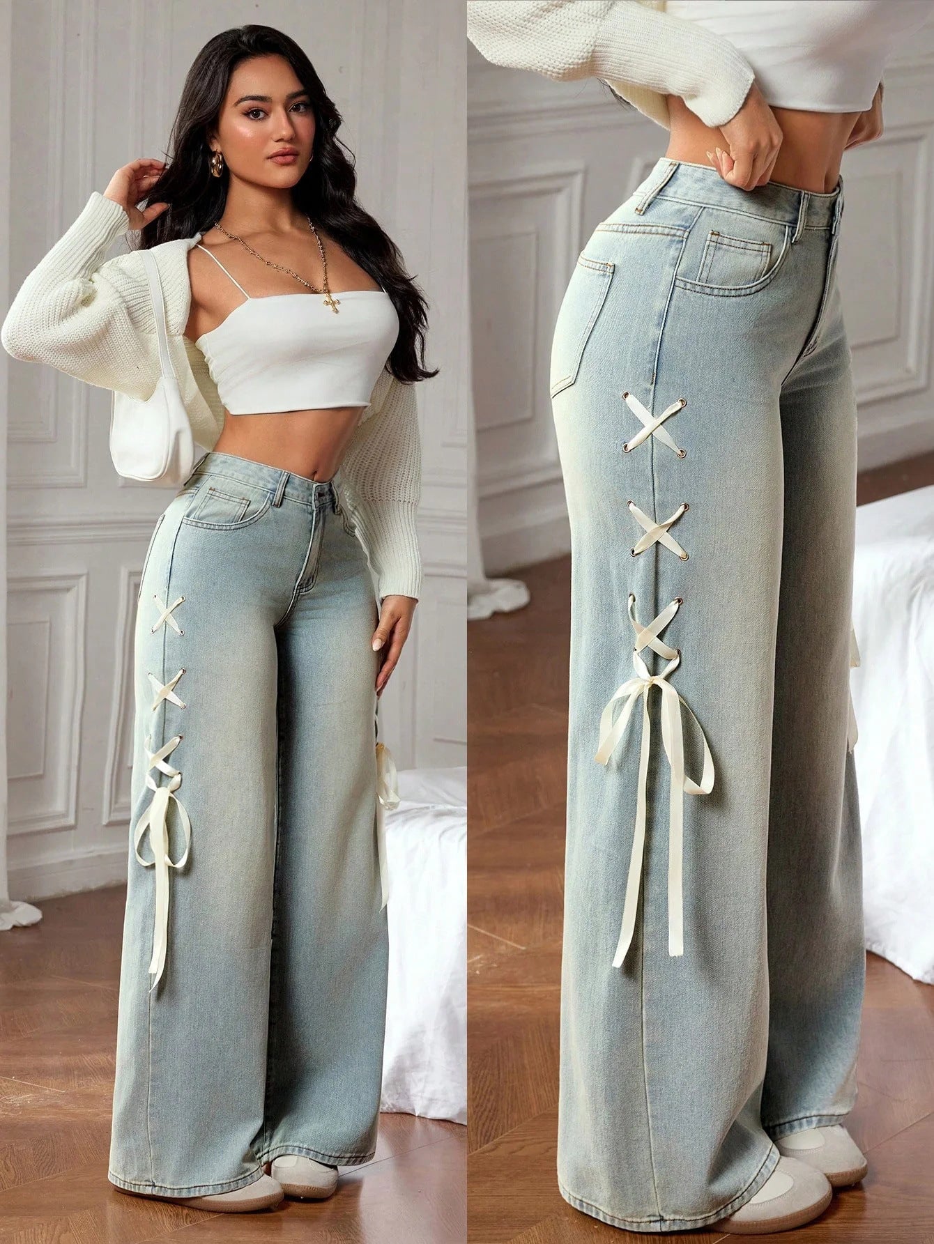 Casual Wide Leg Denim Pants Loose Women's Fashion Side Lace-up Jeans