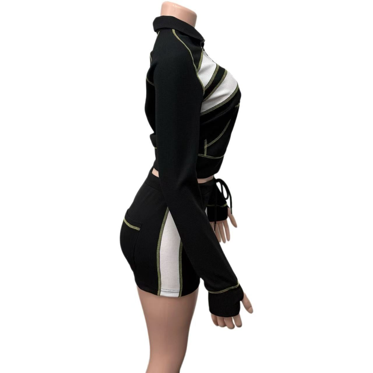 Women Waffle Color-Contrast Patchwork Top and Drawstring Shorts Two-Piece Set 9