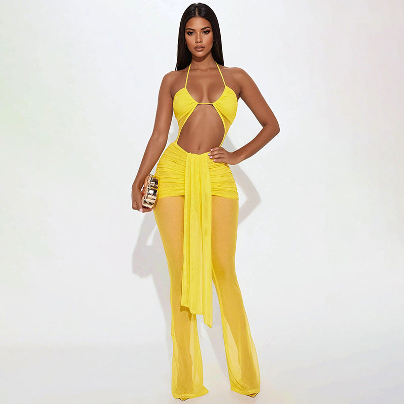 Women's Spring and Summer Halter Neck Open Waist Mesh Drawstring See-Through Hollow Ribbon Jumpsuit 4