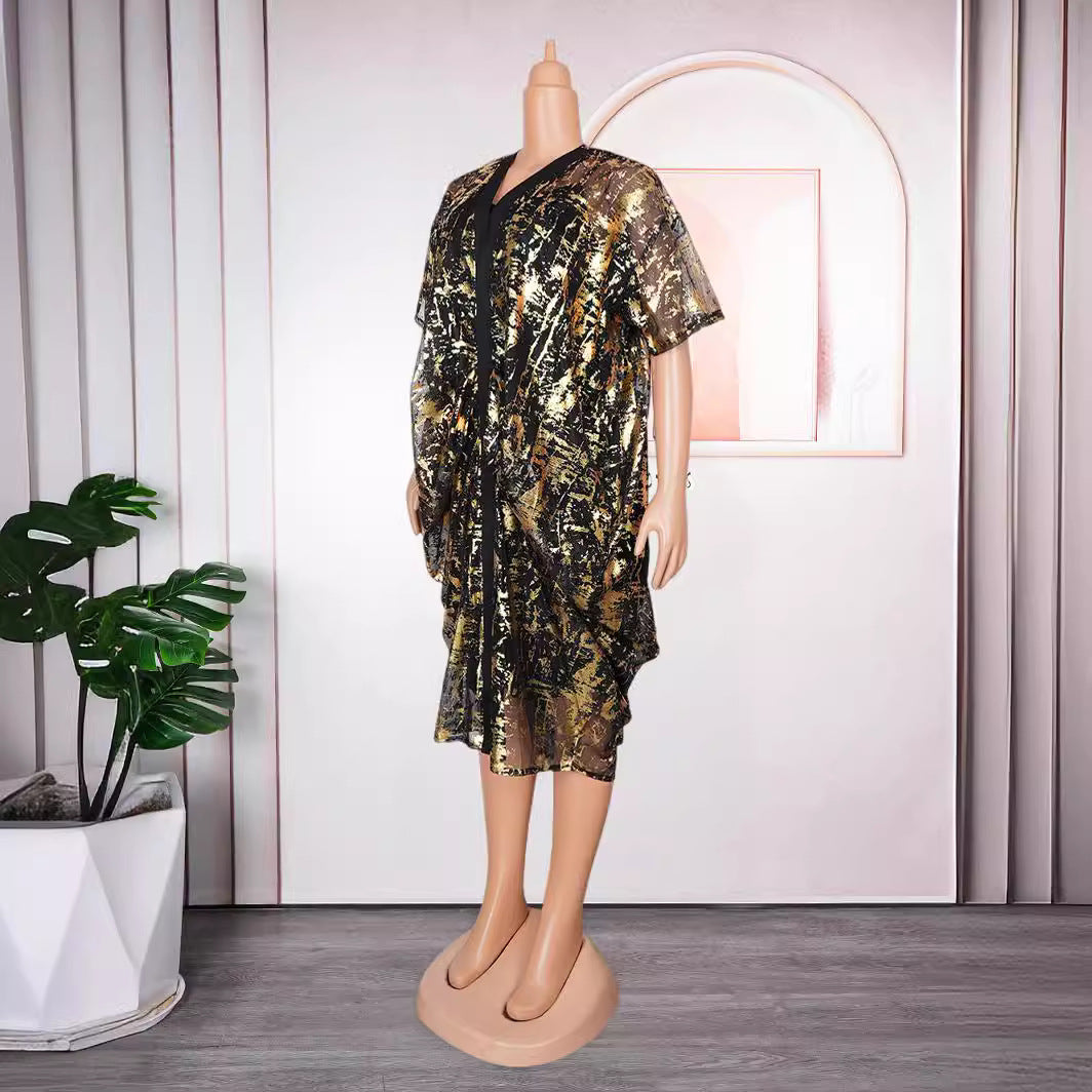 African Plus Size Women's Shiny Mesh Dress Strap Solid Basic Dress Two Piece Set 9