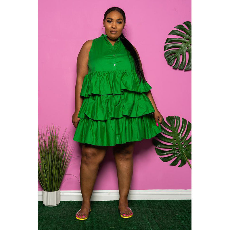 Plus Size Women Summer Solid Button Sleeveless Loose Layered Ruffles Dress 3