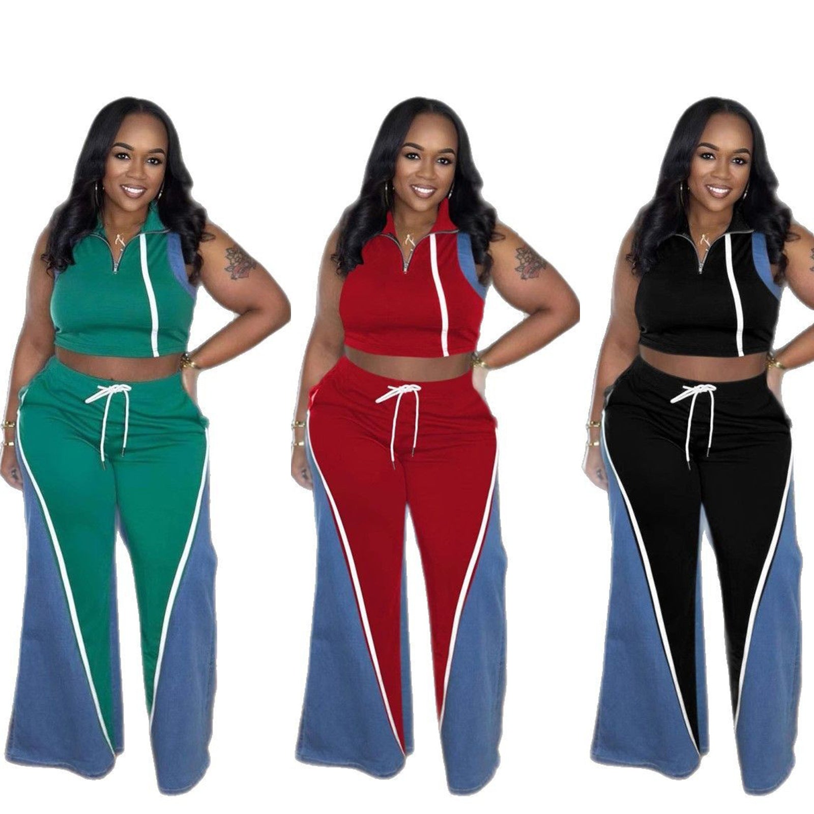 Women's denim patchwork sleeveless V-neck top wide-leg trousers two-piece set 8