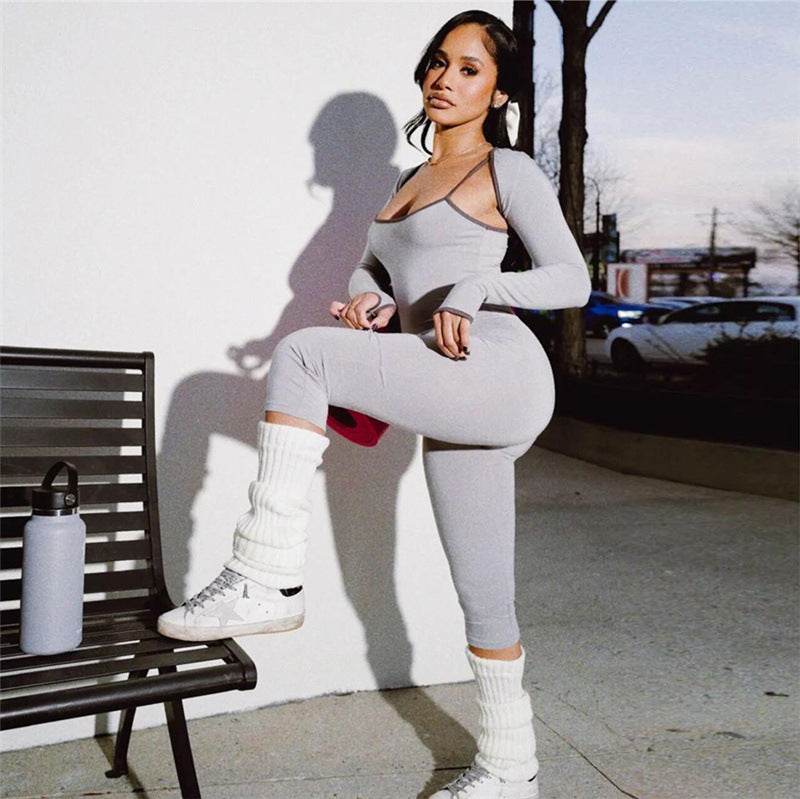 Summer Fashion Sexy Tight Fitting Slim Fit Strap Jumpsuit Long Sleeve Cape Top Set 3