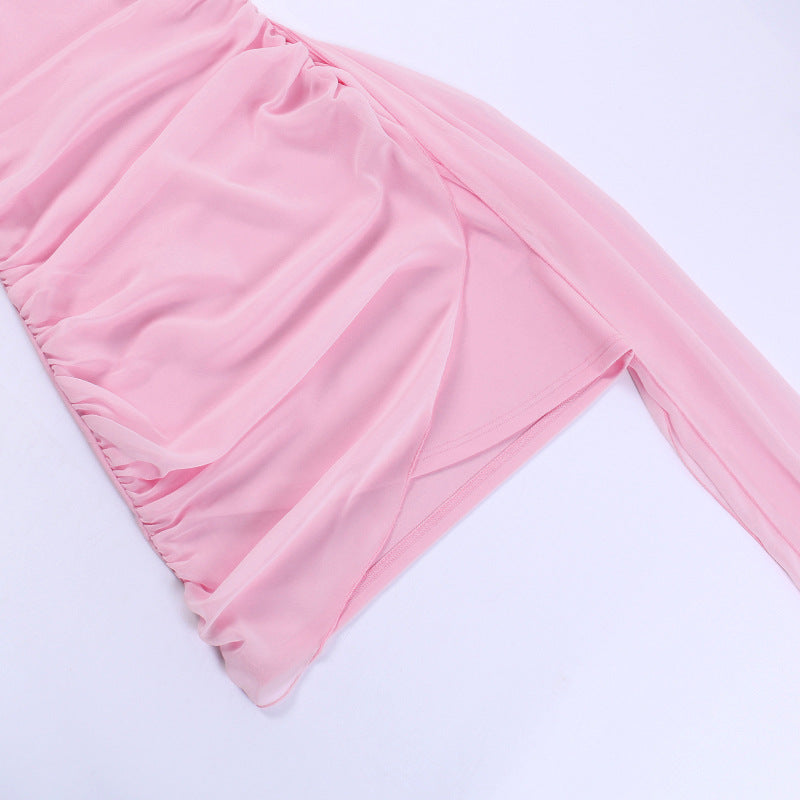 Women sexy Strapless Mesh ribbon party solid dress 13