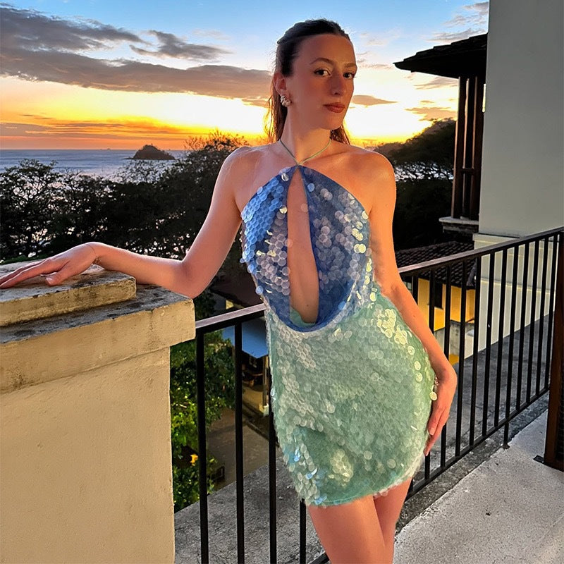 Women Sexy Sequined Halter Neck Backless Strap Dress