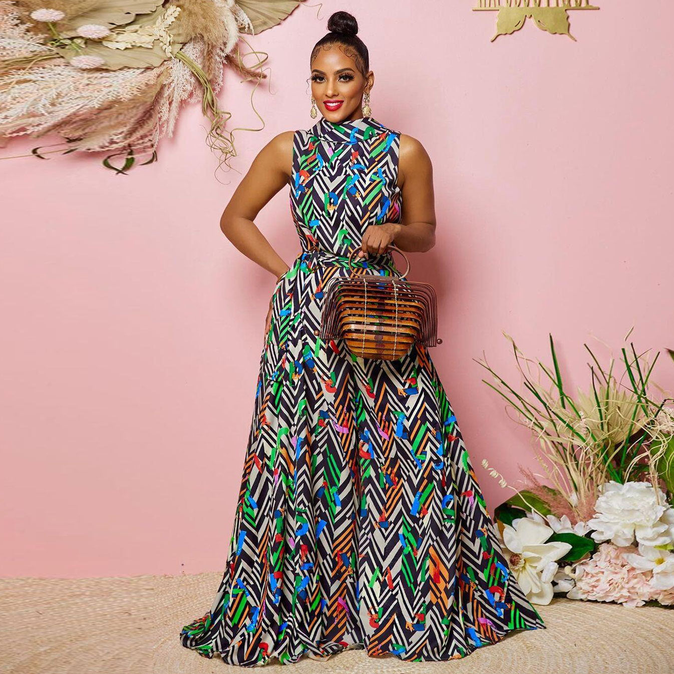 Fashion Ladies Printed Pocket Sleeveless Maxi Dress 7