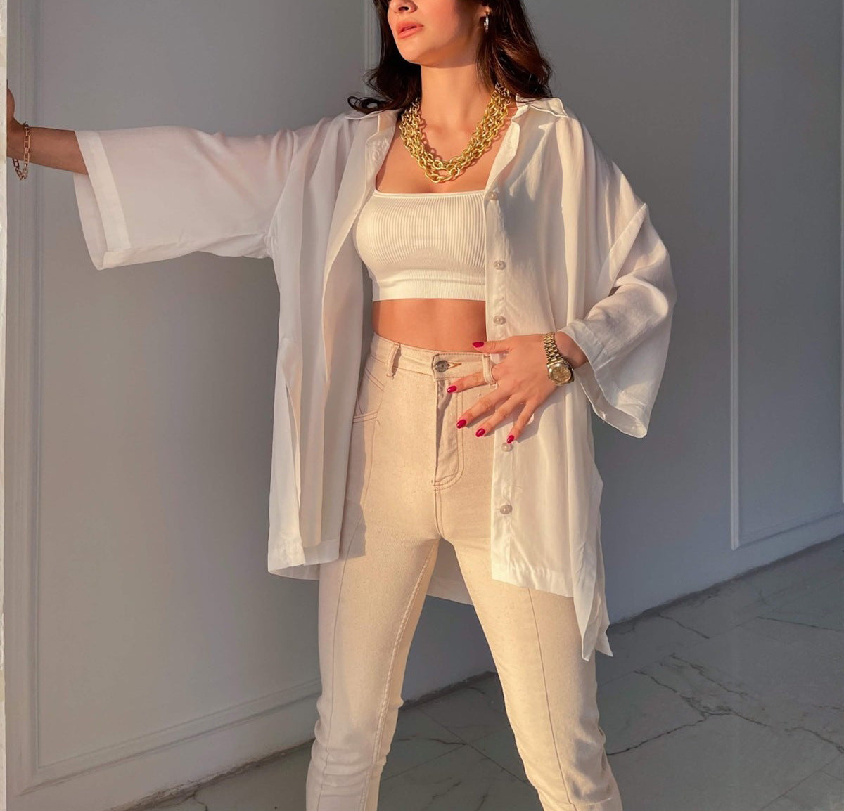 Shirt Women's Loose Bell Bottom Sleeve Spring Summer Comfortable Casual Solid Color Slit Shirt 6