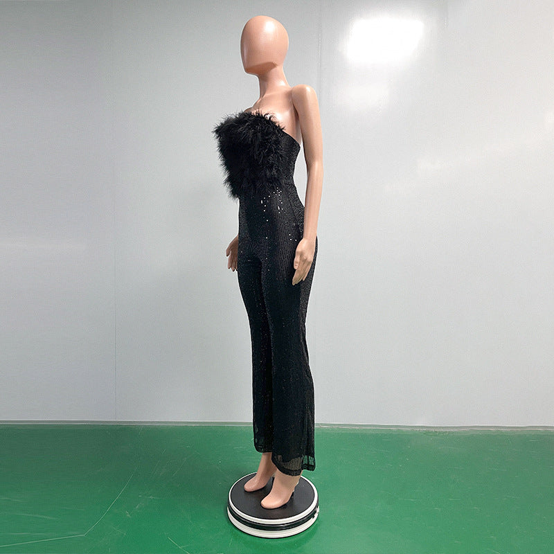 Bell Bottom Feather Strapless Sexy Fashion Jumpsuit 30