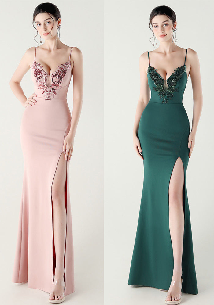 Women applique fishbone lace-up dinner party fishtail evening dress