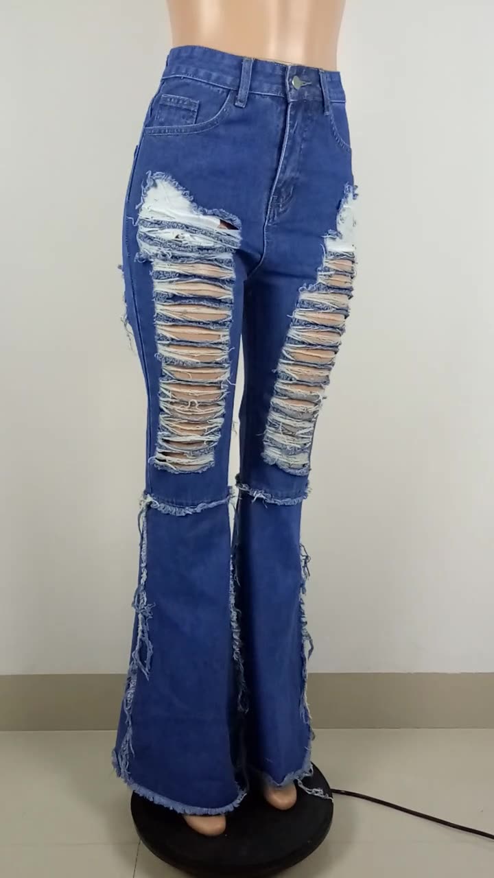 Women's Fall/Winter Style Front And Back Ripped Denim Bell Bottom Pants 12