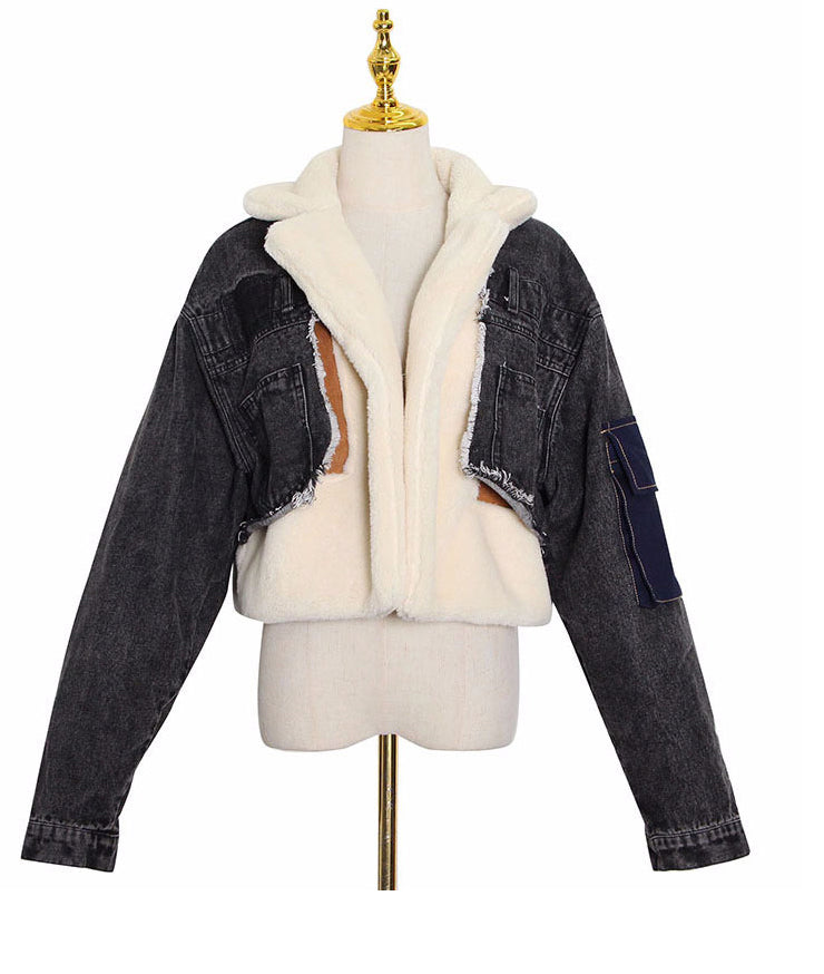 Women Lamb Wool Patchwork Loose Casual Denim Crop Jacket 10