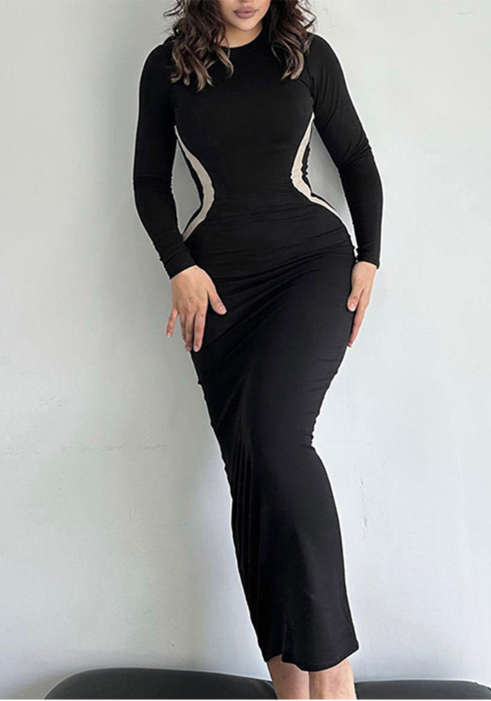 Women Black Patchwork Long Sleeve Bodycon Dress