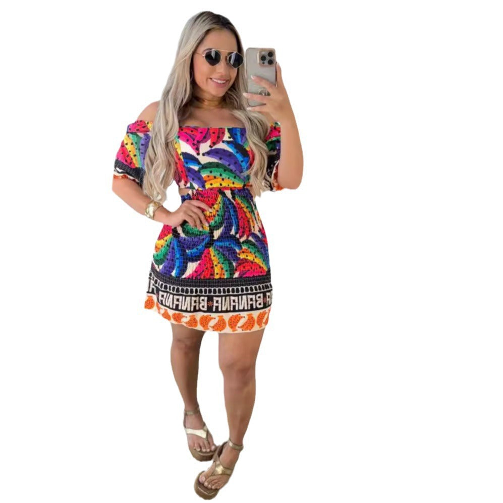 Women Printed Backless Balloon Sleeve Off Shoulder Two-Wear Dress 14