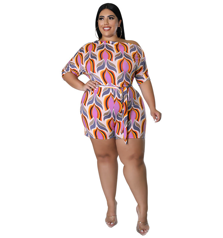 Plus Size Women's Summer Slash Shoulder Print Short Sleeve Jumpsuit With Belt 10