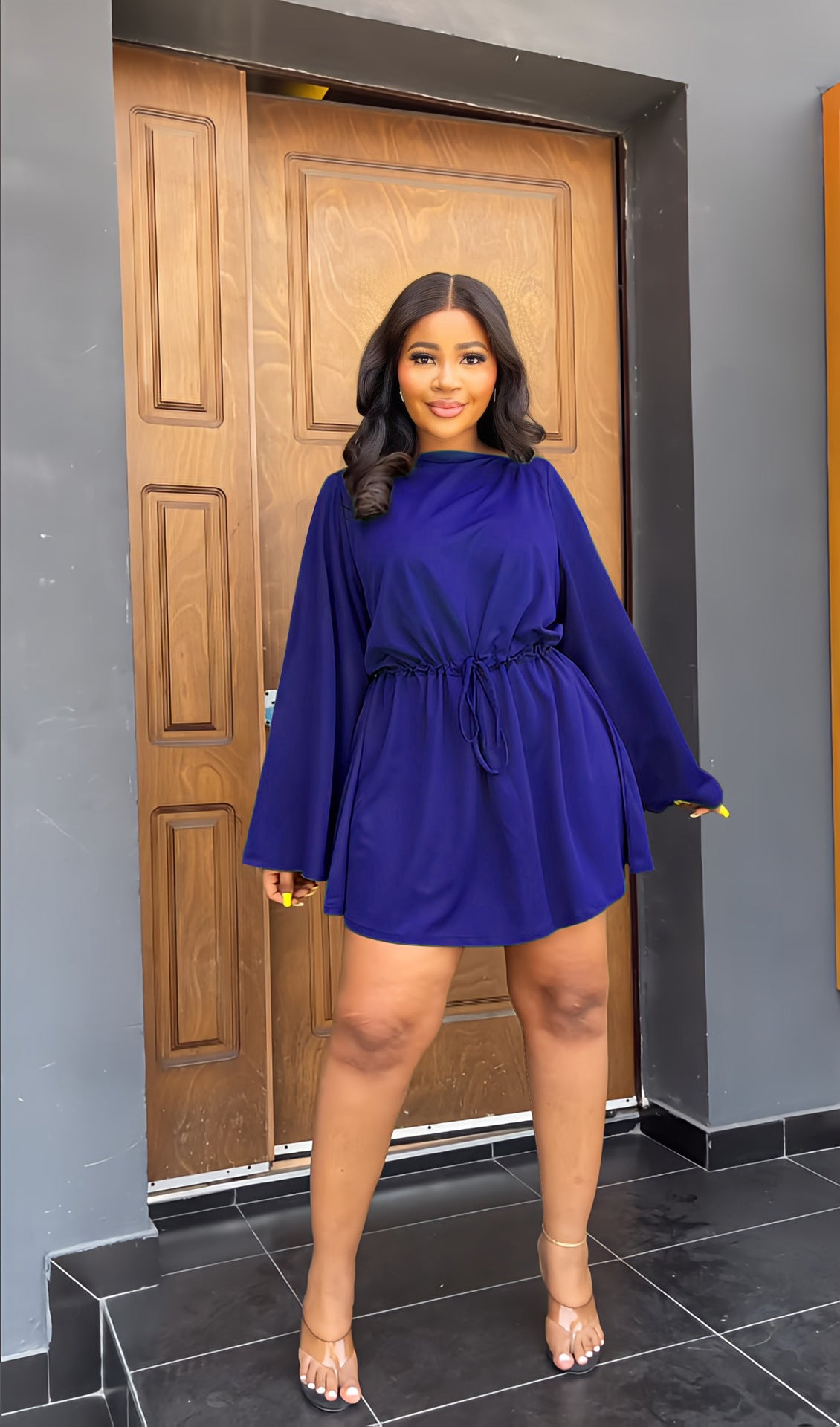 Bell Sleeve Drawstring Slim Waist Casual Women's Dress 4