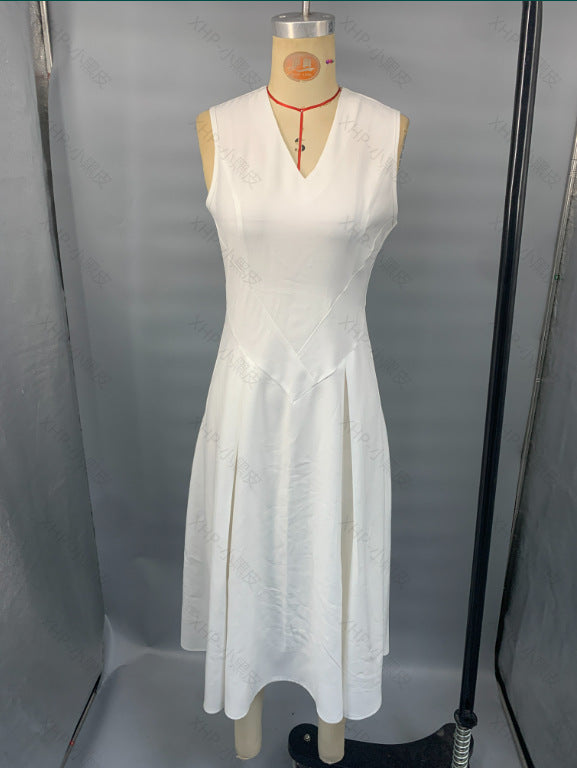 Women Summer Solid White V-Neck Sleeveless Dress 7