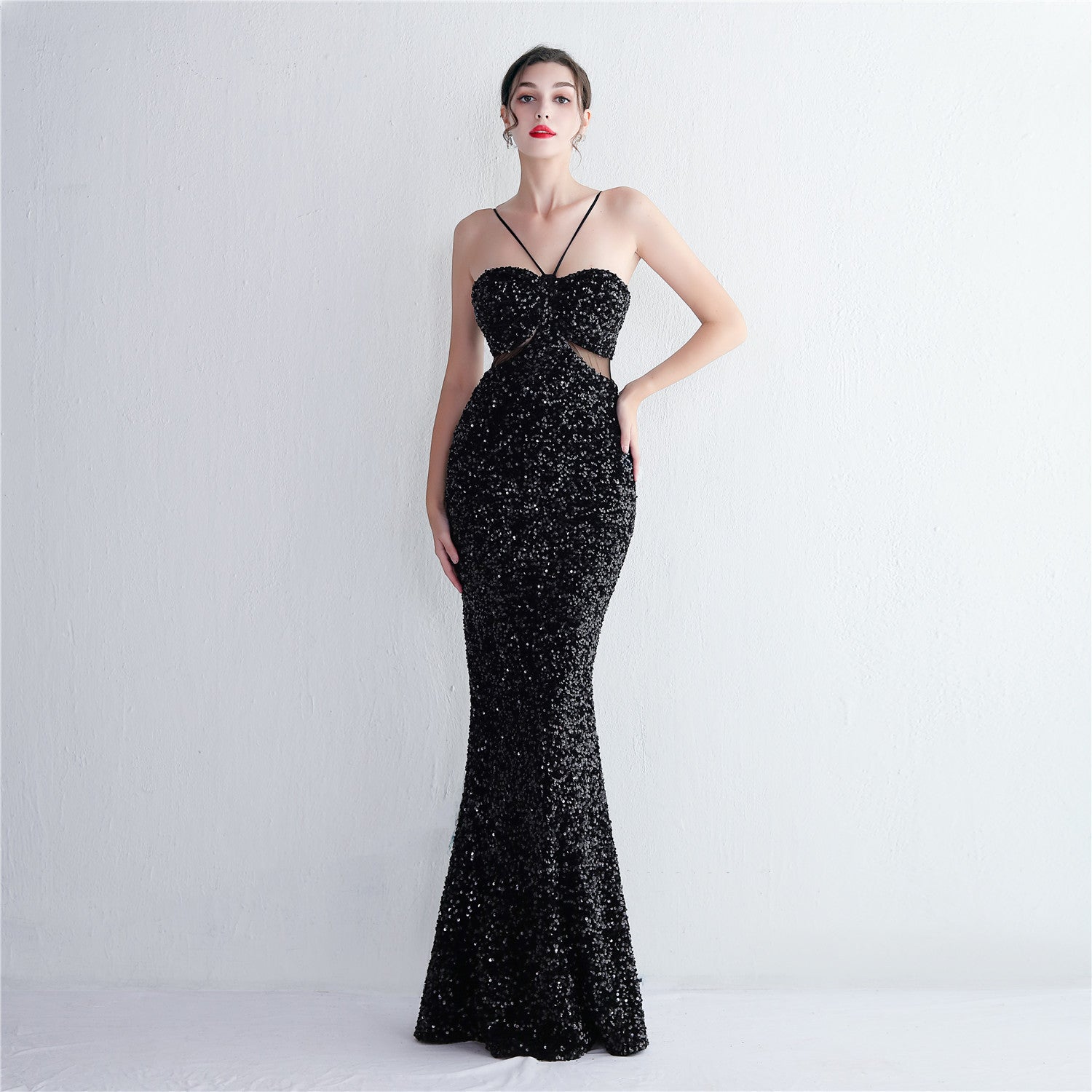 Velvet Sequin Sling Sequin Long Formal Party Slim Evening Dress 14